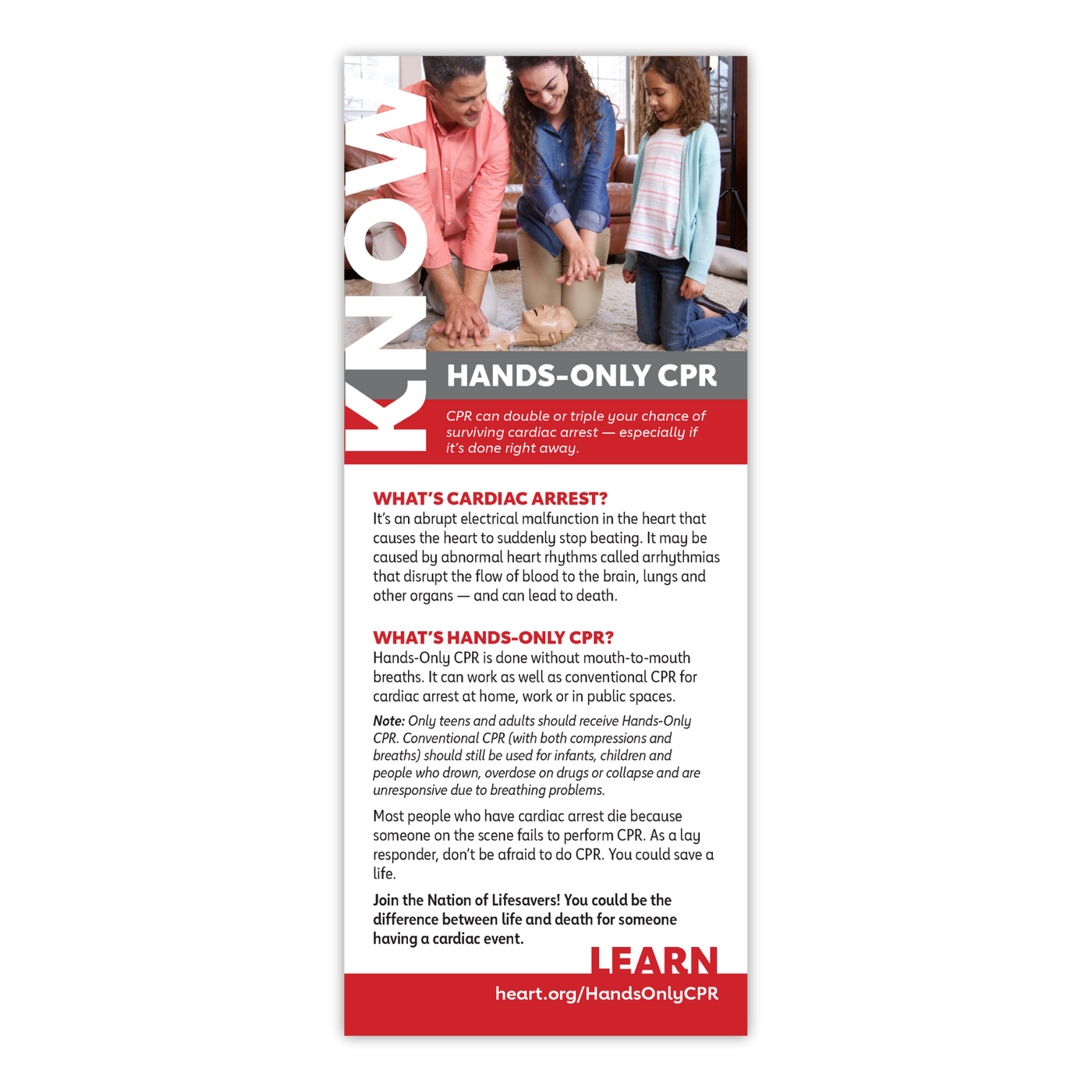 Know and Go - Hands-Only CPR. Includes sections on What's Cardiac Arrest and What's Hand-Only CPR.