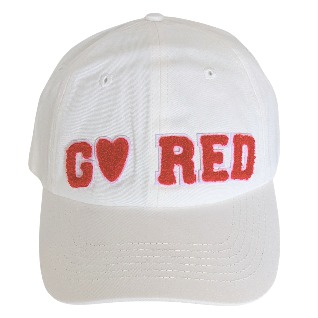 White hat with "GO RED" embroidered on the front in red Chenille letters.