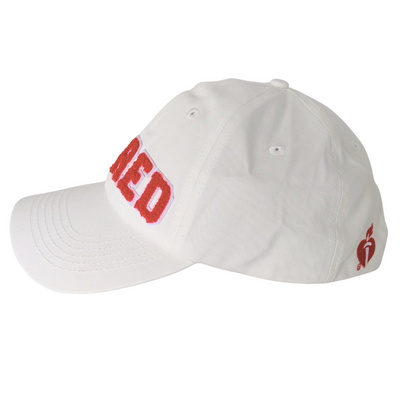 Side of hat featuring a red AHA Heart and Torch logo embroidered on the back left of hat.
