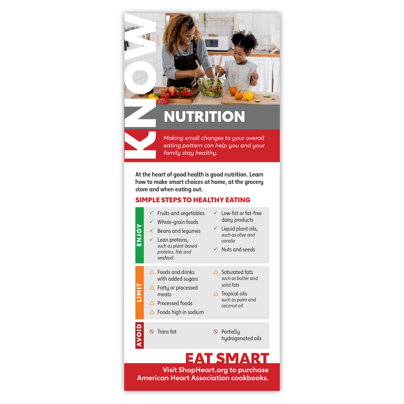 Know and Go - Nutrition. Includes simple steps for healthy eating with sections on Enjoy, Limit, and Avoid.