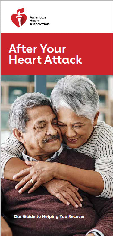 Cover of Brochure, "After your Heart Attack". Image of two people embracing. Sub Text, "Our Guide to Helping you Recover".