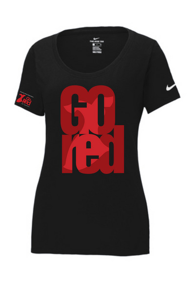 Black tee with big "Go red" red lettering with red dress logo incorporated behind letters.