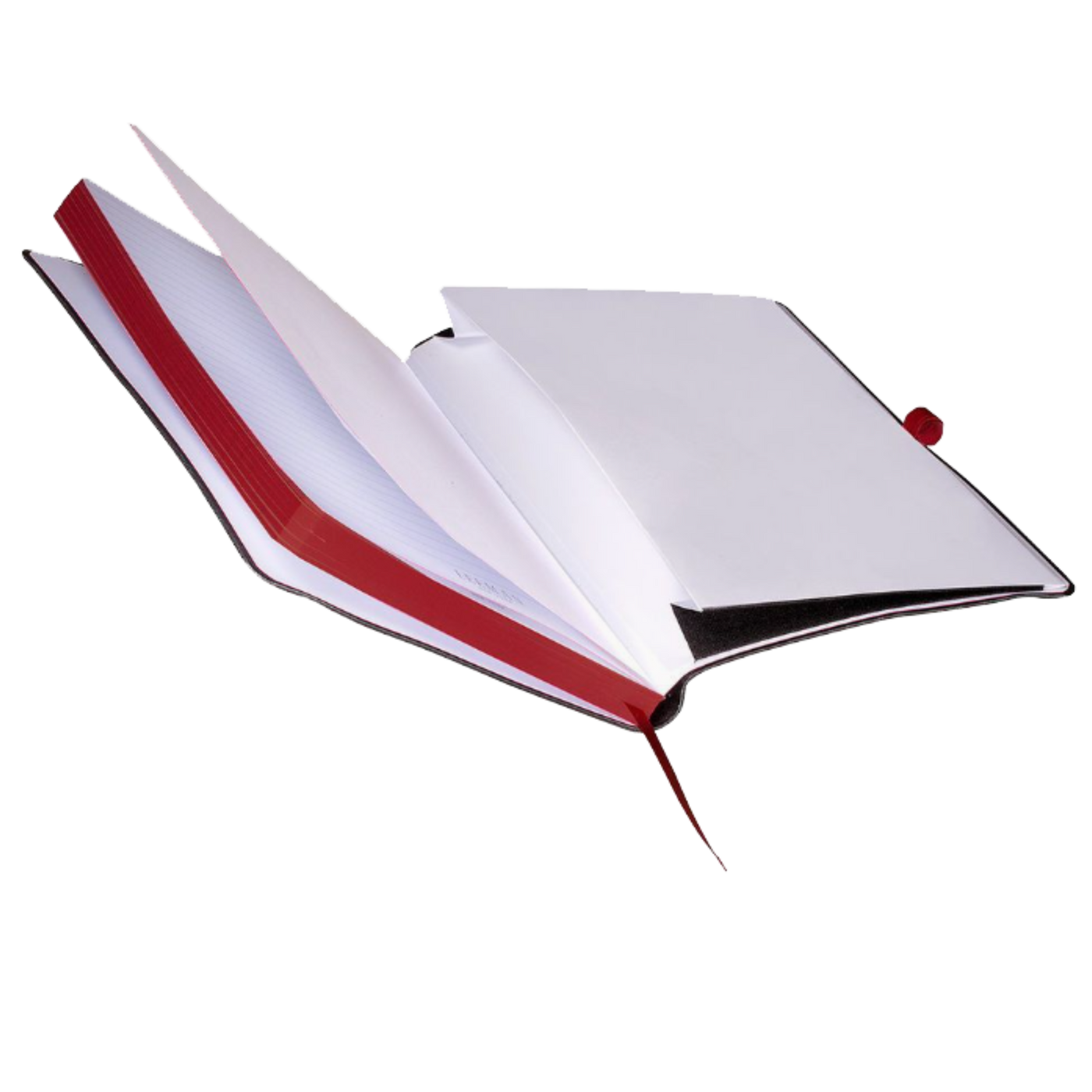 Inside of journal: white pocket on back cover, white pages with edges colored red. Red pen loop.