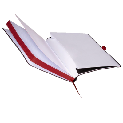 Inside of journal: white pocket on back cover, white pages with edges colored red. Red pen loop.