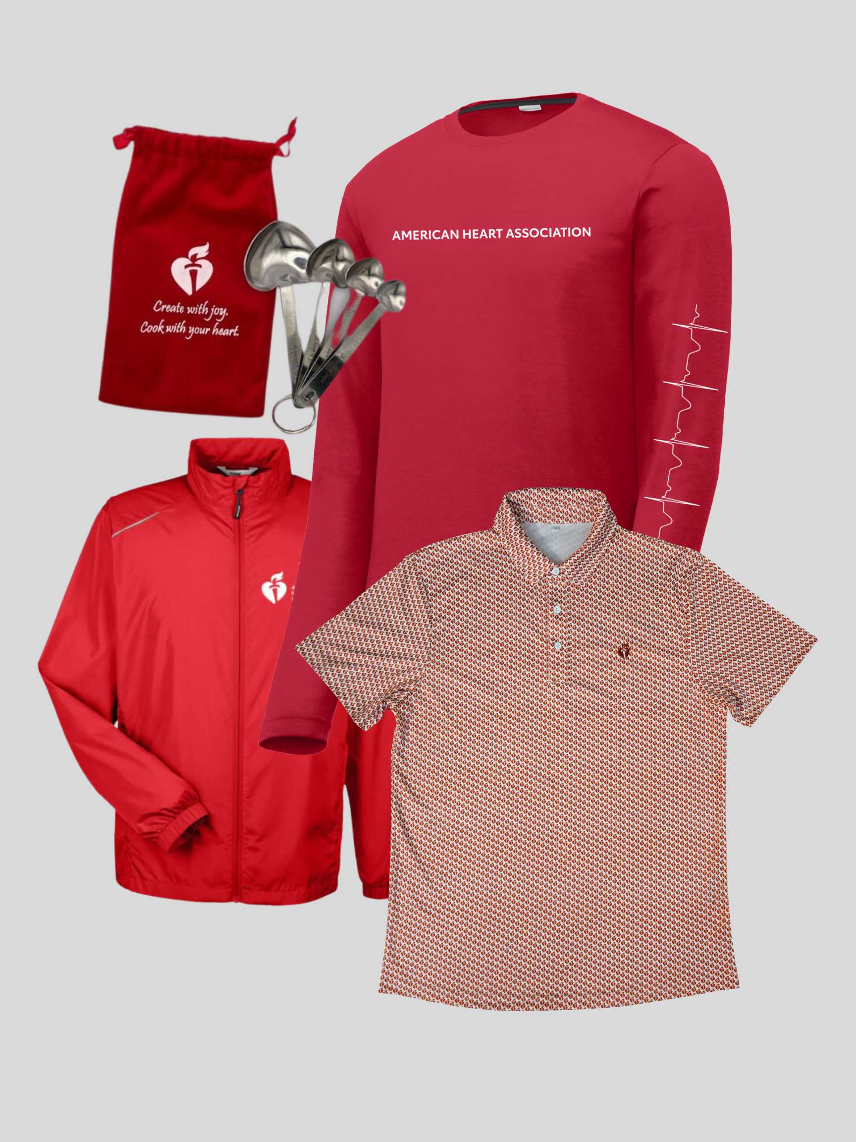 heart shaped measuring spoons and red bag, red long sleeve tee with AHA name on front and EKG on sleeve, red mock turtleneck jacket with heart and torch on chest, polo with heart and torch repeated all over.