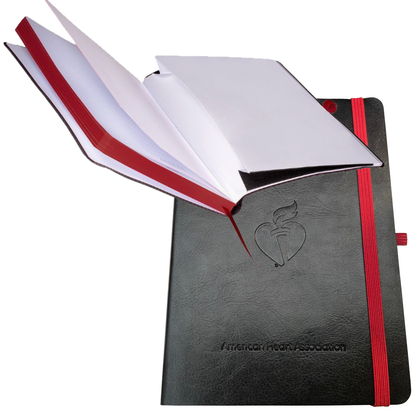 front cover with AHA heart and torch and name, also shows inside view with document pocket and red colored paper edges.