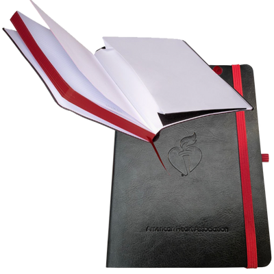 front cover with AHA heart and torch and name, also shows inside view with document pocket and red colored paper edges.