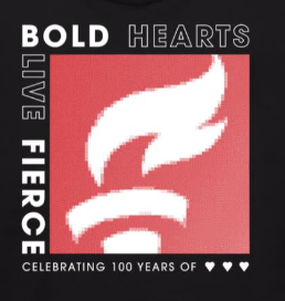 Closeup of graphic design says "Bold Hearts. Live Fierce." and a textured look of the AHA torch on a red square.