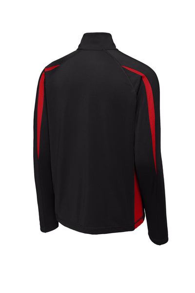 back of jacket - back is black and red mesh accents run down back of shoulder and arm