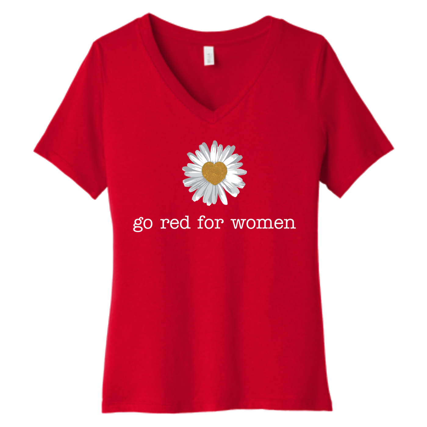 Front: A daisy flower design with "go red for women" text underneath. 