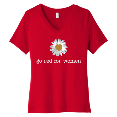 Front: A daisy flower design with "go red for women" text underneath. 