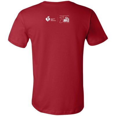 Back of red tee featuring white AHA and Go Red for Women side by side logos.