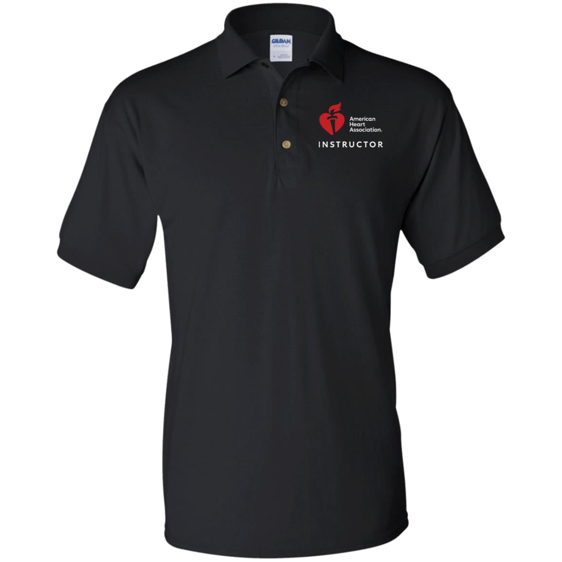 Black polo with AHA Heart and Torch logo with "INSTRUCTOR" below featured on left chest
