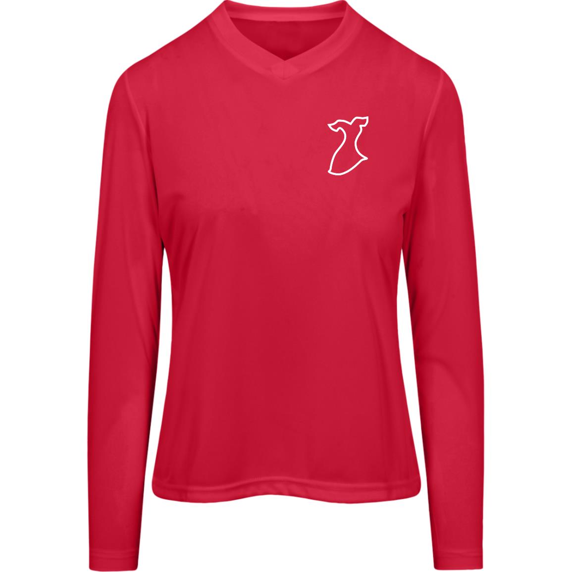 Front. Red v-neck cut long sleved shirt with a white red dress symbol dawned on the upper left chest.