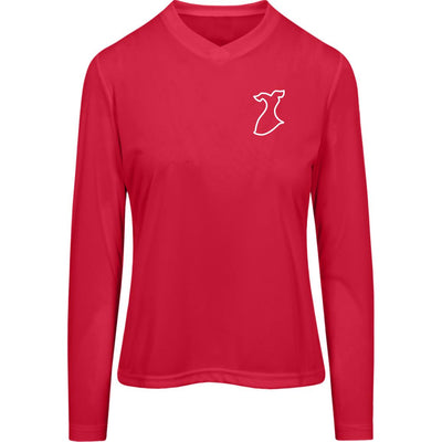 Front. Red v-neck cut long sleved shirt with a white red dress symbol dawned on the upper left chest.