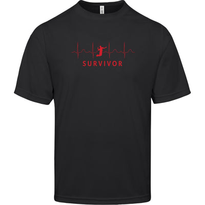 Black short-sleeve tee with "SURVIVOR" text along with a tennis player icon with EKG lines behind