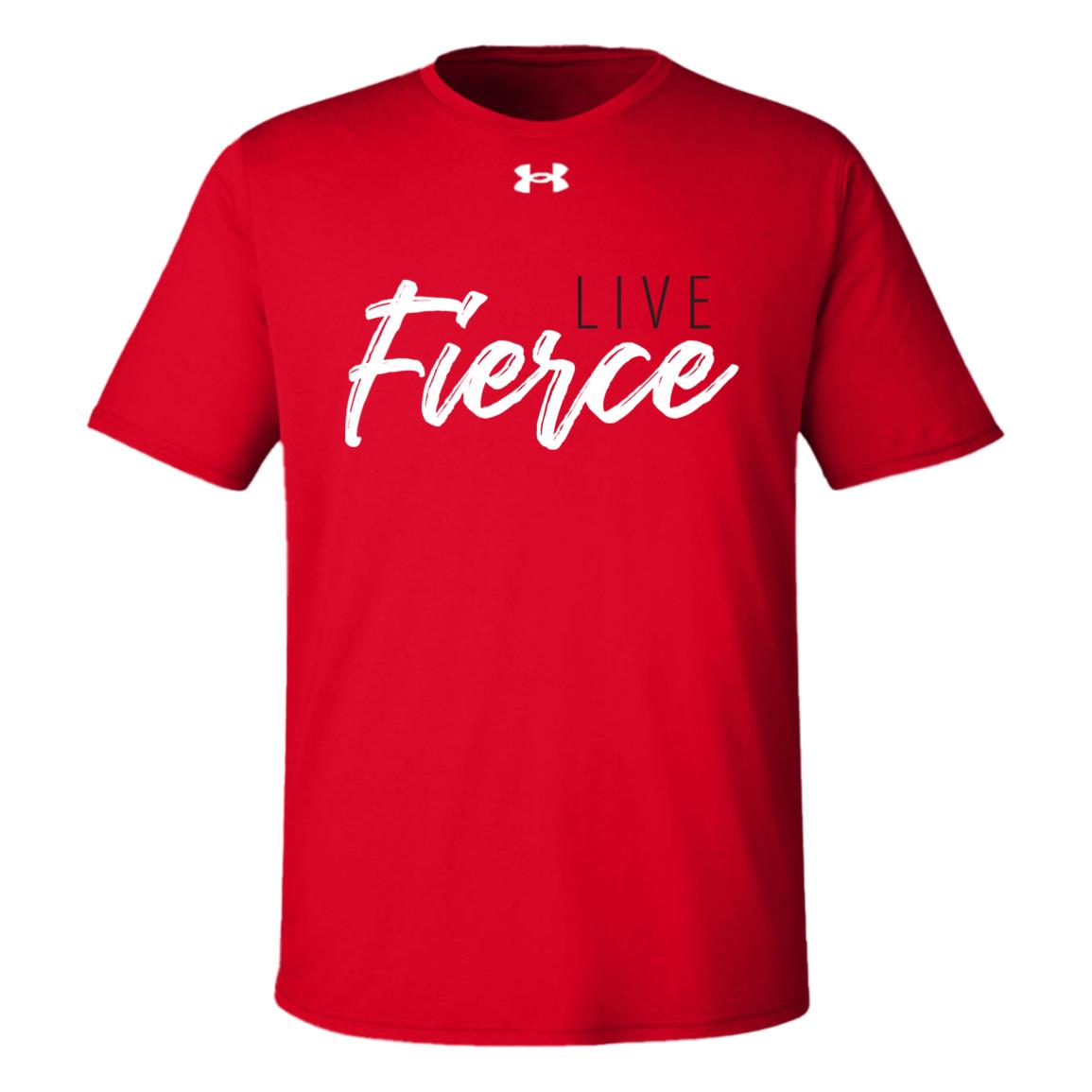 Front of red tee: Under Armour logo on upper neckline. Live Fierce logo featured on center chest.