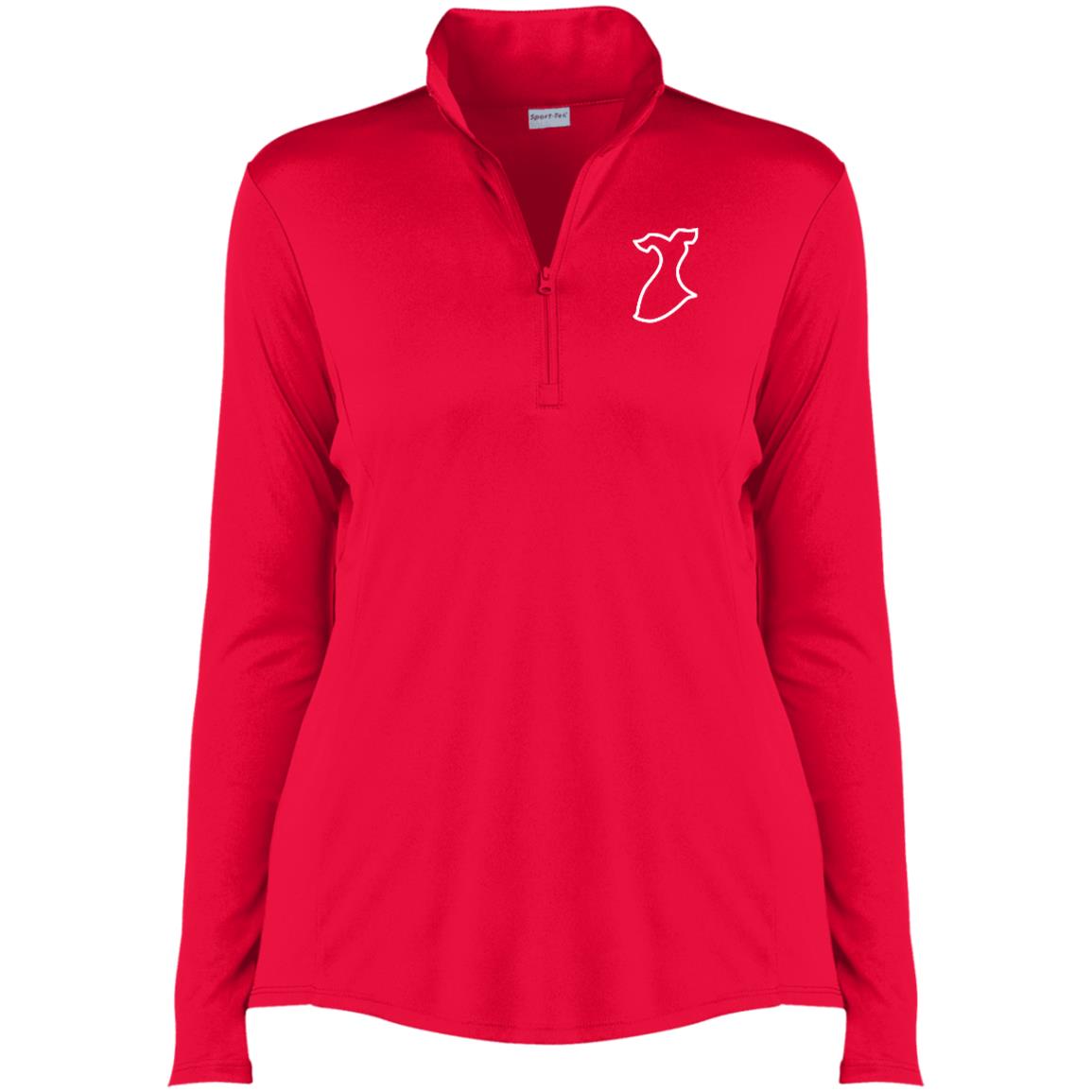 Red ladies quarter zip pullover jacket with white Red Dress logo outline on upper left chest.