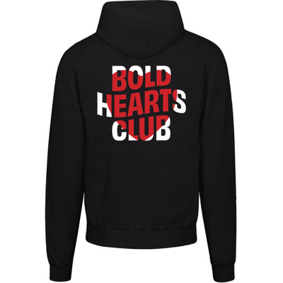 black hoodie with red heart over "Bold Hearts Club"