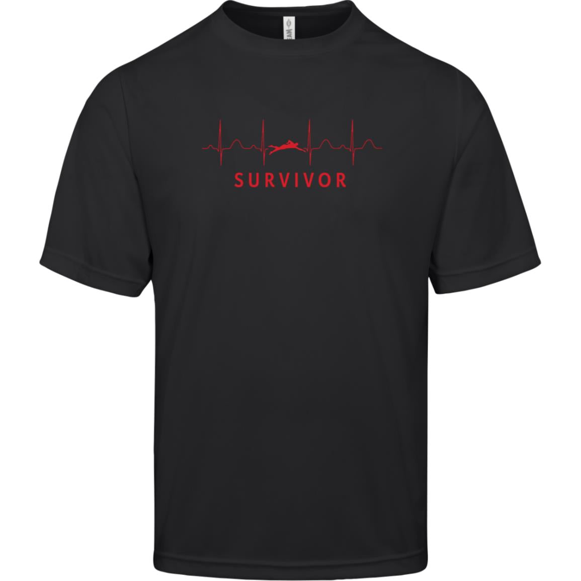 Black short-sleeve tee with "SURVIVOR" text along with a swimmer icon with EKG lines behind