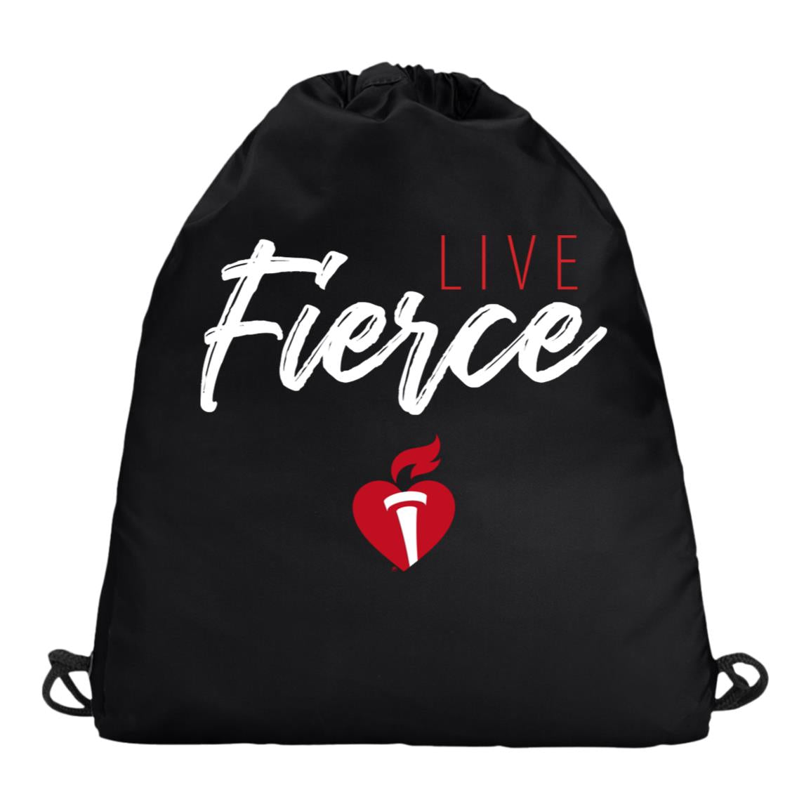 Black drawstring bag with Live Fierce design and Heart and Torch logo featured center.