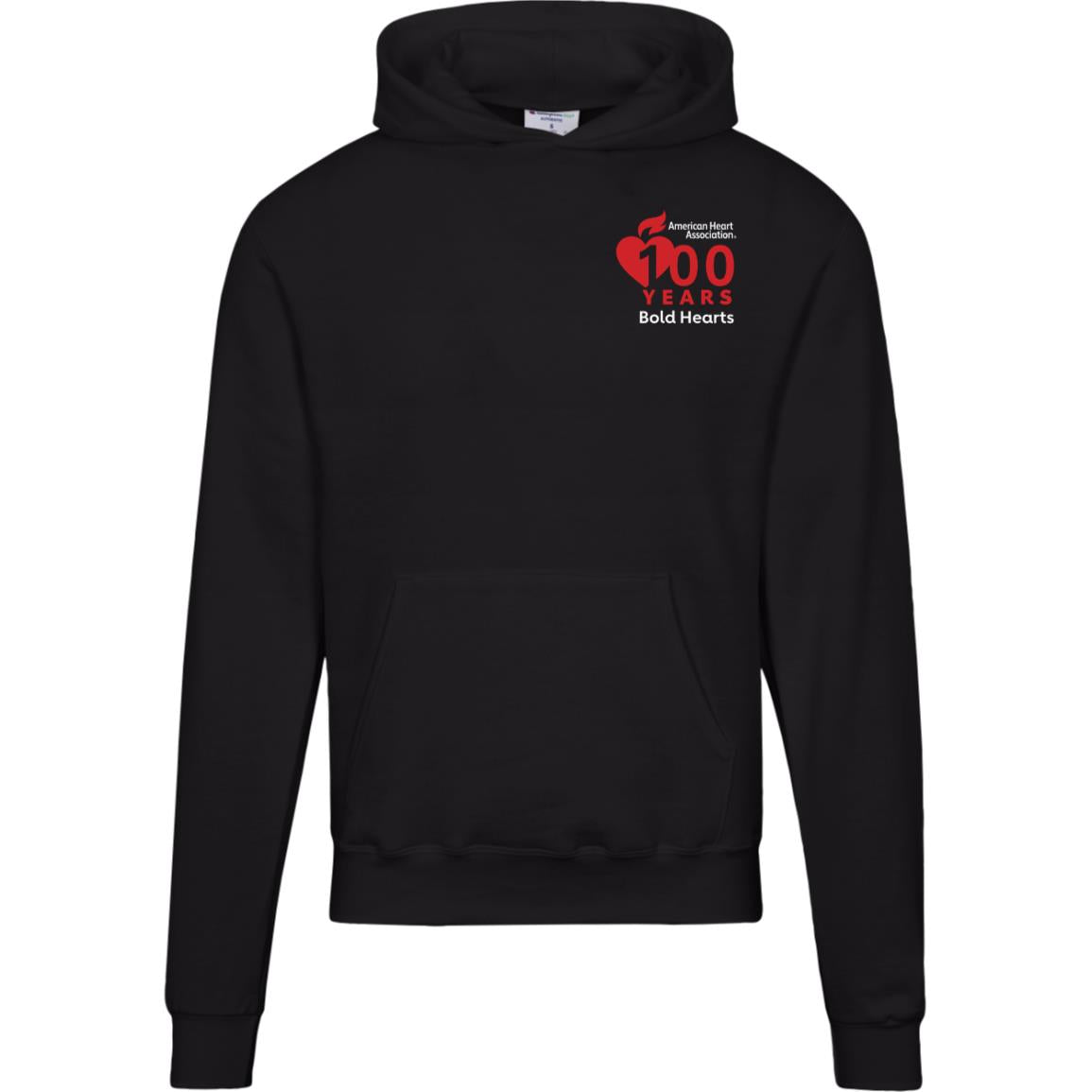 front of black hoodie, features AHA 100 years Bold Hearts logo on left chest