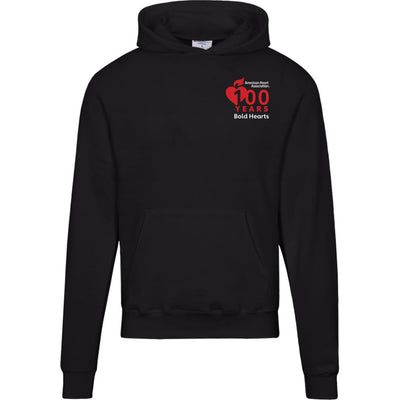 front of black hoodie, features AHA 100 years Bold Hearts logo on left chest