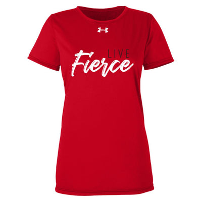 Front of red tee: Under Armour logo on upper neckline. Live Fierce logo featured on center chest.