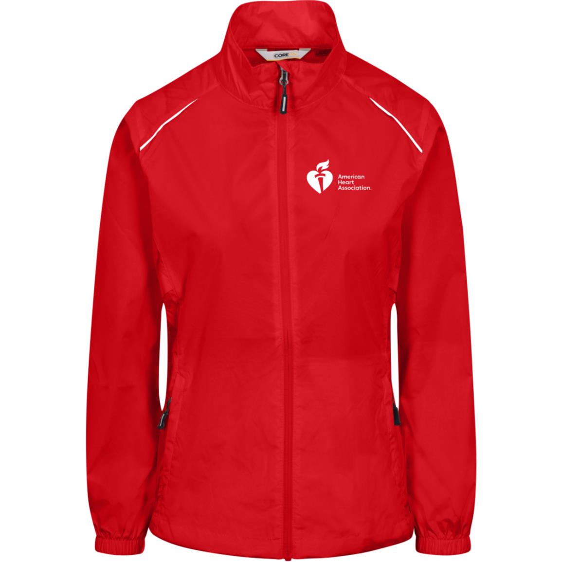 Red AHA jacket with white AHA Heart and Torch logo featured on left chest