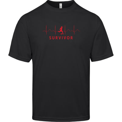 Black short-sleeve tee with "SURVIVOR" text along with a soccer player icon with EKG lines behind