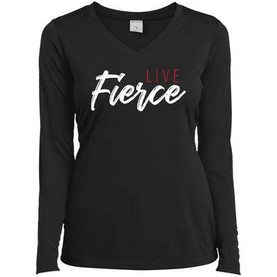 Front of black long sleeve:  Live Fierce logo featured on center chest.