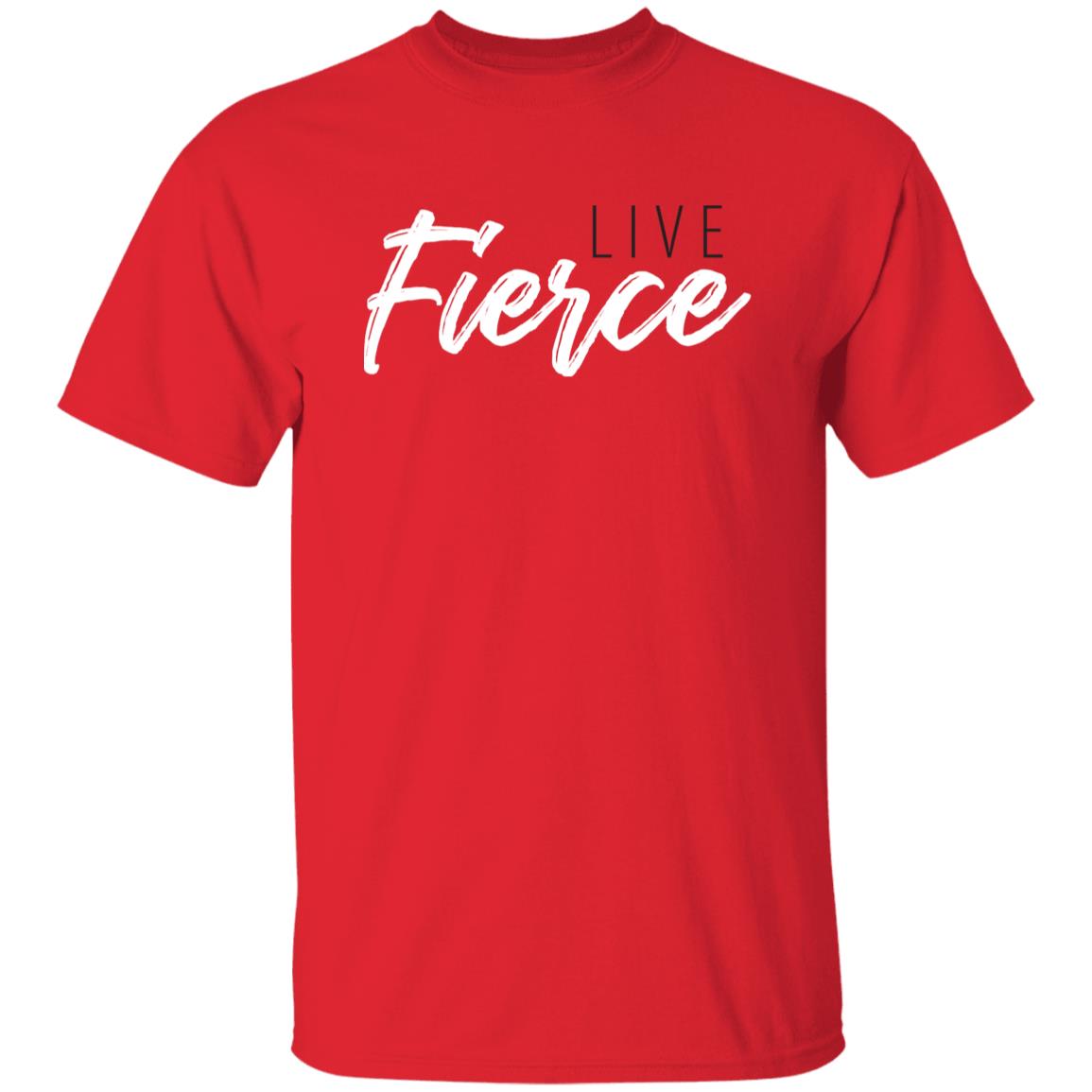 Front of red tee:  Live Fierce logo featured on center chest.