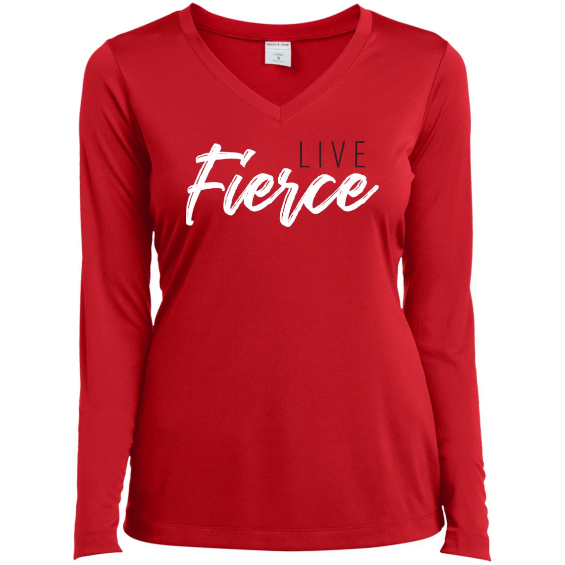 Front of red long sleeve:  Live Fierce logo featured on center chest.