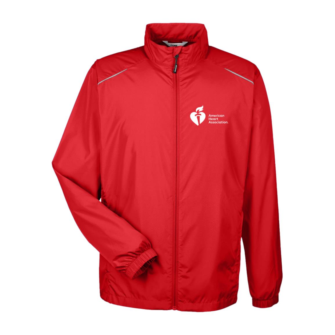 Red AHA jacket with white AHA Heart and Torch logo featured on left chest