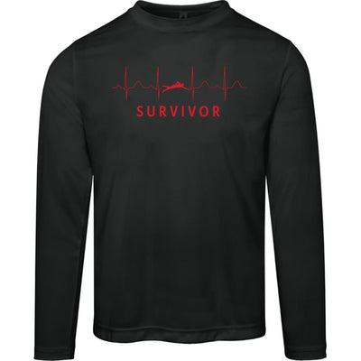 Black long-sleeve tee with "SURVIVOR" text along with a swimmer icon with EKG lines behind