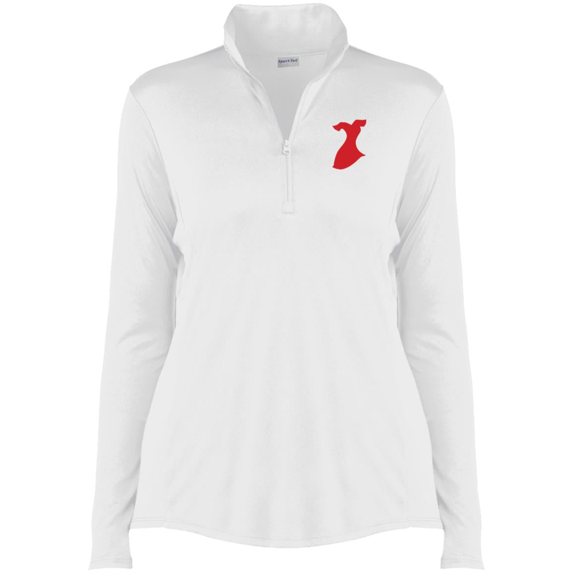 White ladies quarter zip pullover jacket with Red Dress logo on chest.