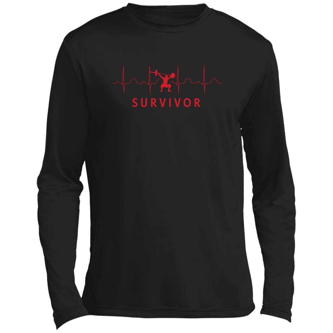 Red design with Weightlifter icon featured in front of repeating EKG design with "SURVIVOR" text below.