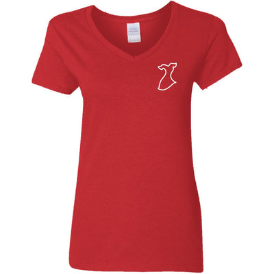 Short sleeve red V-neck ladies' tee with the red dress icon on the chest.