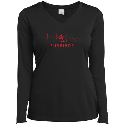 Red design with Soccer player icon featured in front of repeating EKG design with "SURVIVOR" text below.