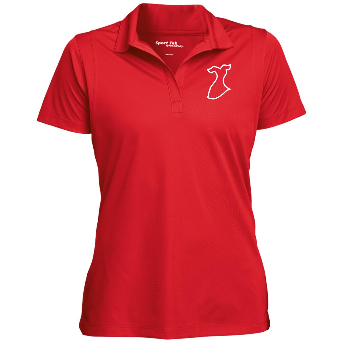 Red polo with Red Dress outline logo featured on left chest.