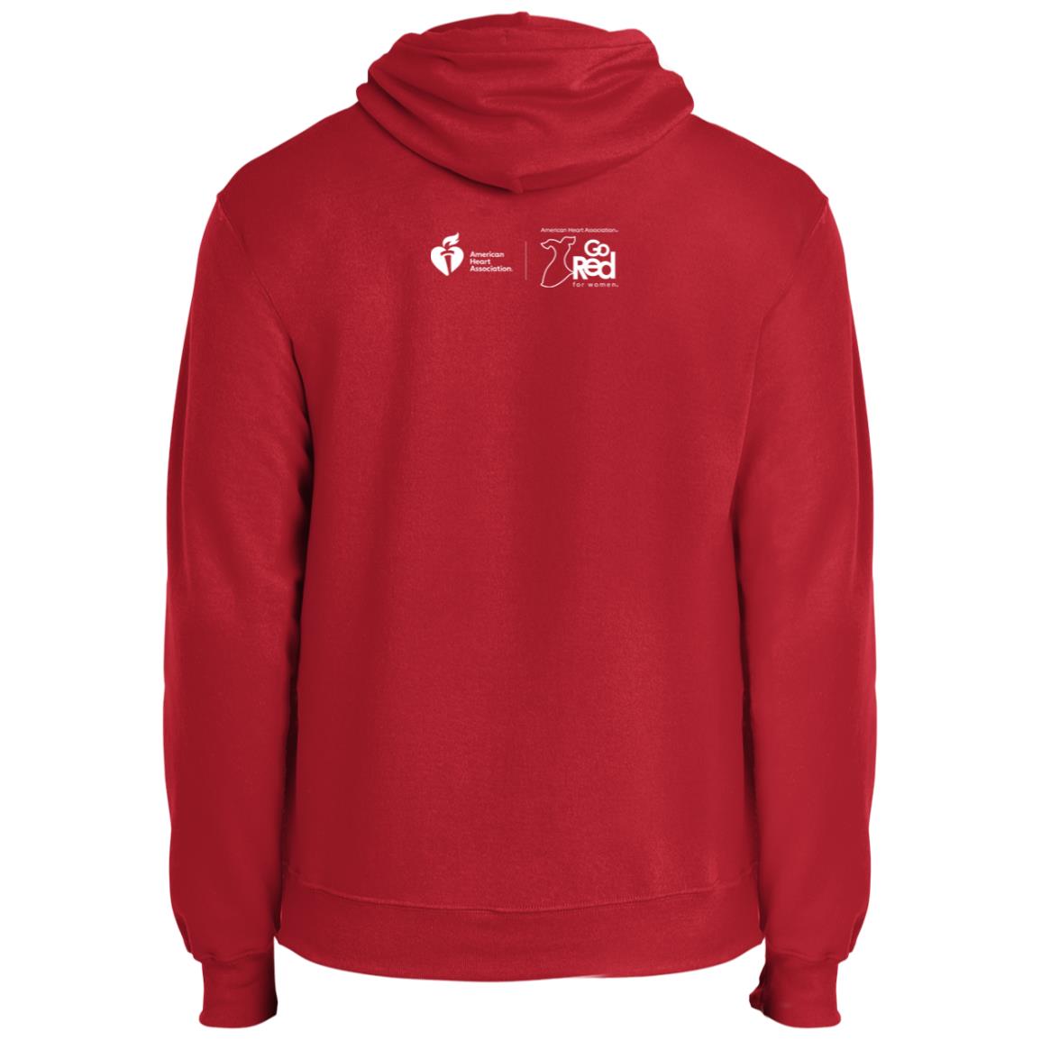 Back of red hoodie featuring white AHA and Go Red for Women side by side logos.