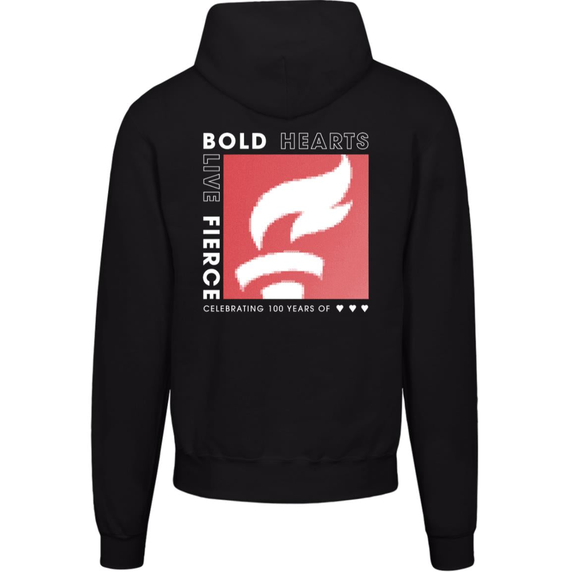 black hoodie, back side design says "Bold Hearts. Live Fierce." and a textured look of the AHA torch on a red square.