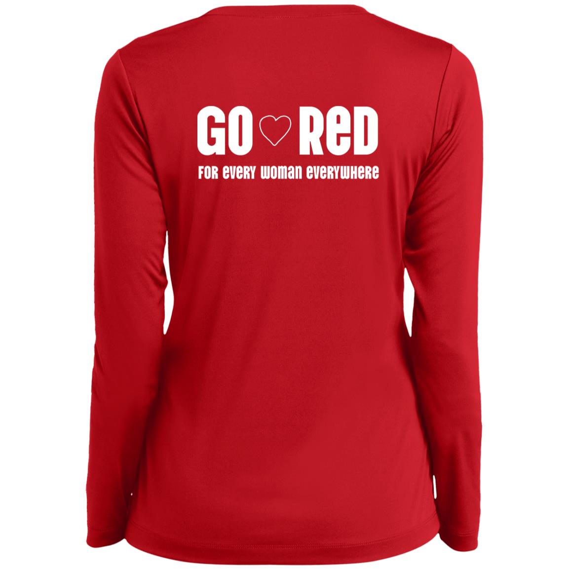 "Go Red" text with a small white heart in the middle of the text. Text below "For every woman everywhere" on back of shirt.