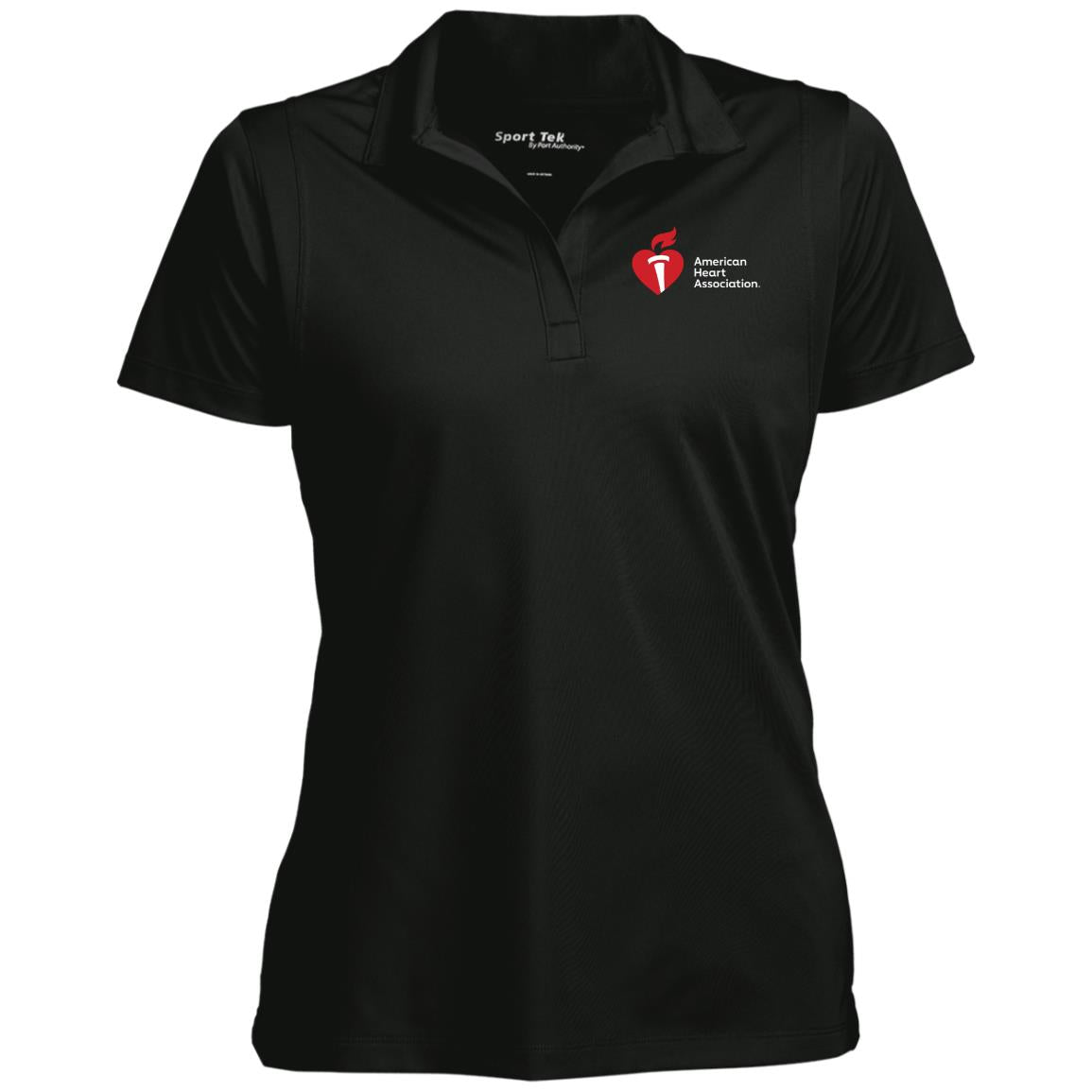 Black polo with AHA logo featured on left chest.