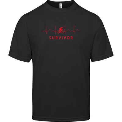 Black short-sleeve tee with "SURVIVOR" text along with a biker icon with EKG lines behind