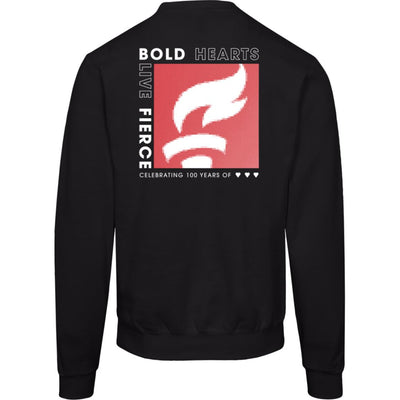 black crewneck, back side design says "Bold Hearts. Live Fierce." and a textured look of the AHA torch on a red square.