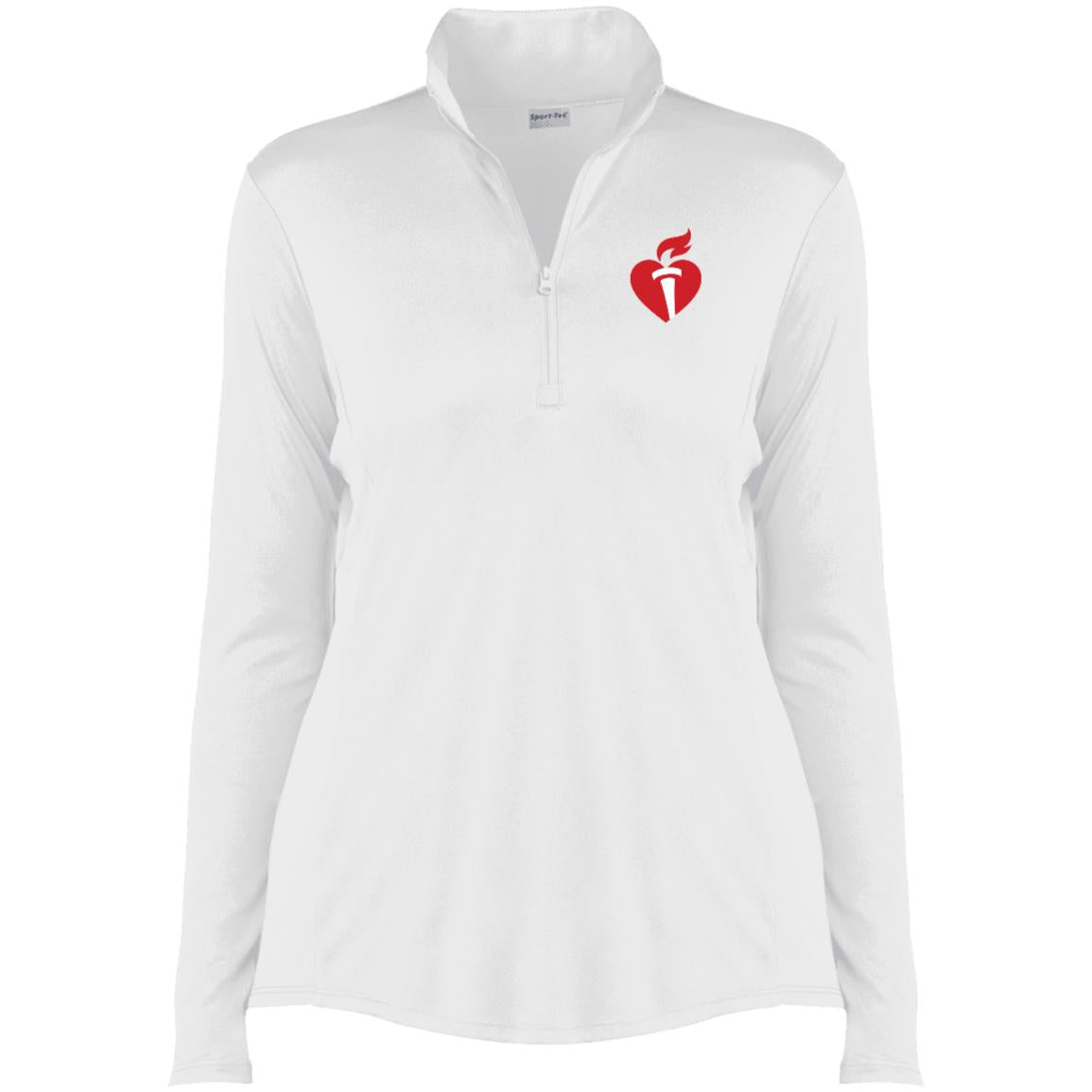 white ladies quarter zip pullover jacket with AHA logo on chest.