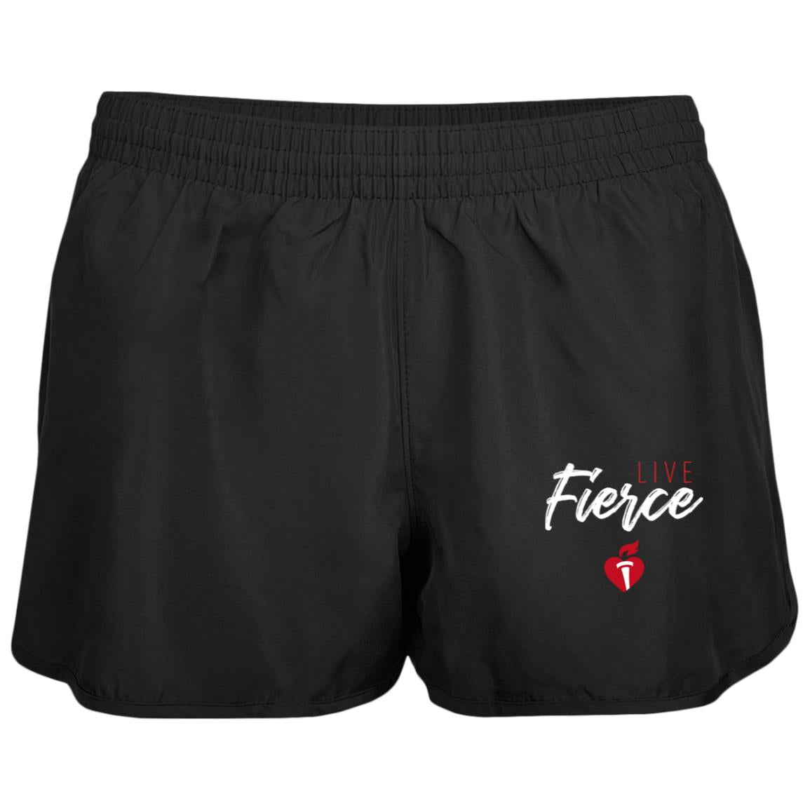 Black shorts with small Live Fierce logo and red Heart and Torch logo featured on lower left leg.