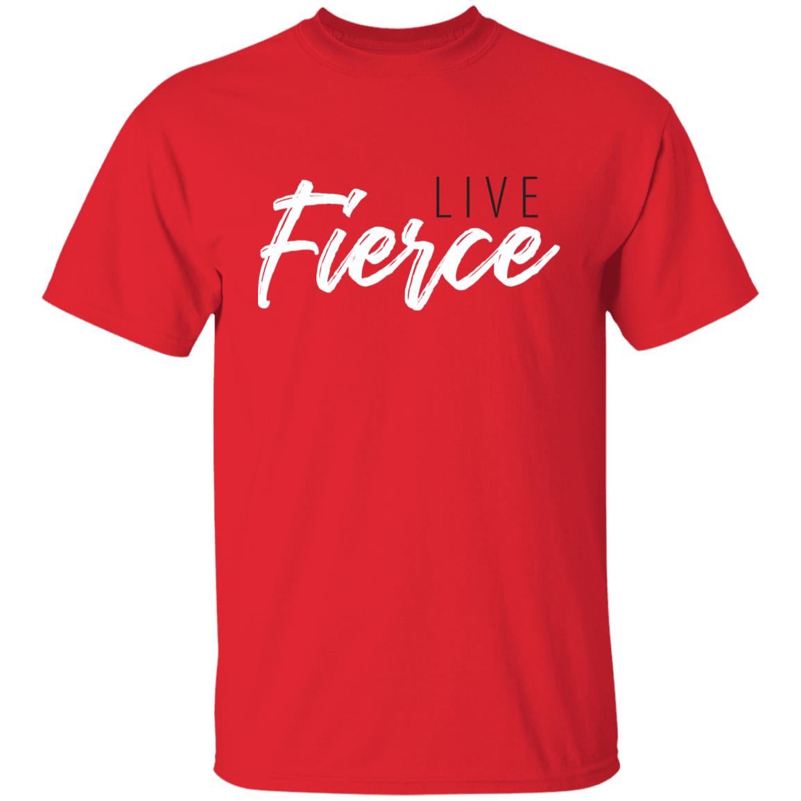 Front of red shirt: Live Fierce design featured center chest.