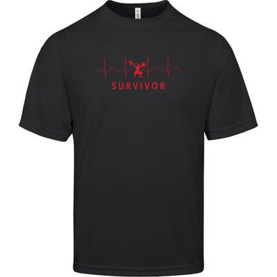 Black short-sleeve tee with "SURVIVOR" text along with a weightlifting icon with EKG lines behind